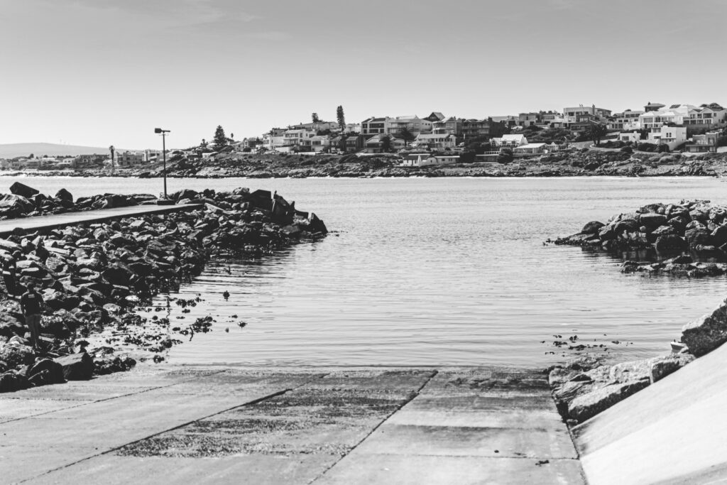 yzerfontein harbour launch black and white